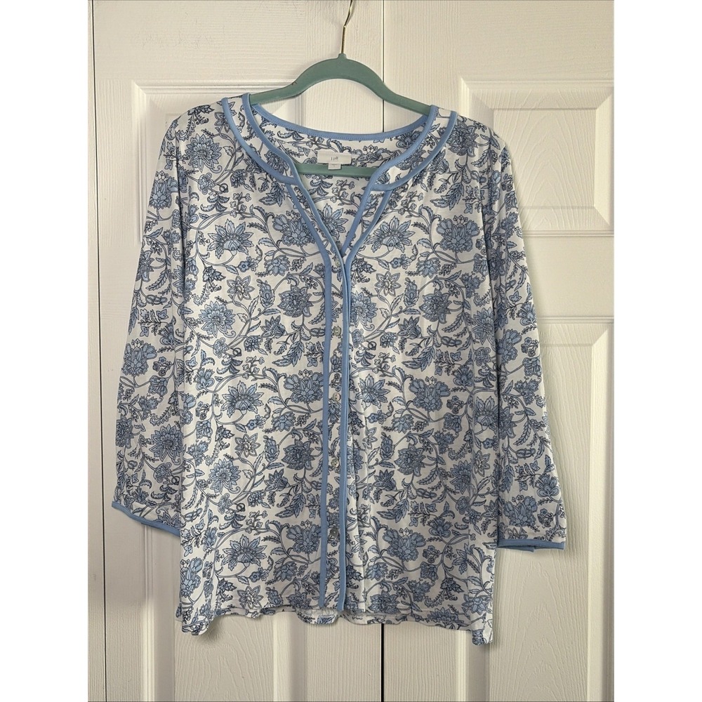 J. Jill Floral Button Front Tunic Womens Size L Blue White Cotton Tencel Modal
